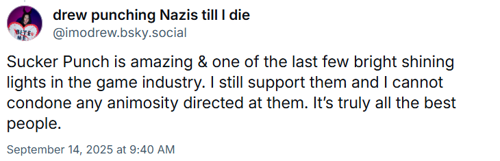 Drew Harrison states they still support Sucker Punch despite being fired via Bluesky