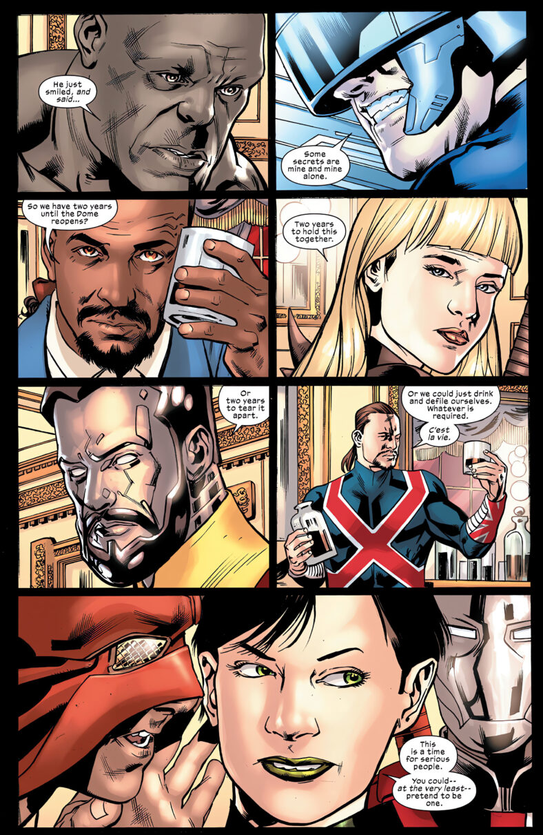 The Maker's Council learn of their leader's self-imposed exile in Ultimate Invasion Vol. 1 #4 "Chapter Four: Yesterday, Today, Tomorrow" (2023), Marvel Comics. Words by Jonathan Hickman, art by Bryan Hitch, Andrew Currie, Alex Sinclair, and Joe Caramagna