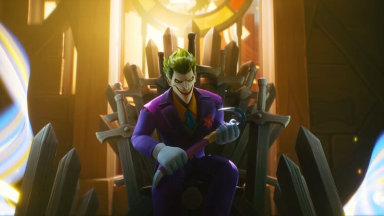 The Joker (Mark Hamill) sits upon the Iron Throne in MultiVersus (2022), Warner Bros. Games