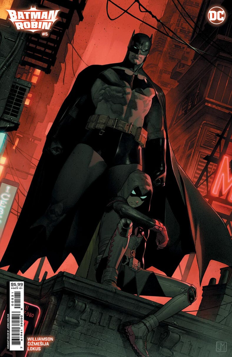 The Dark Knight and the Boy Wonder (Damian Wayne) peer out across Gotham on Jorge Molina's variant cover to Batman and Robin Vol. 4 #5 "School Daze" (2024), DC