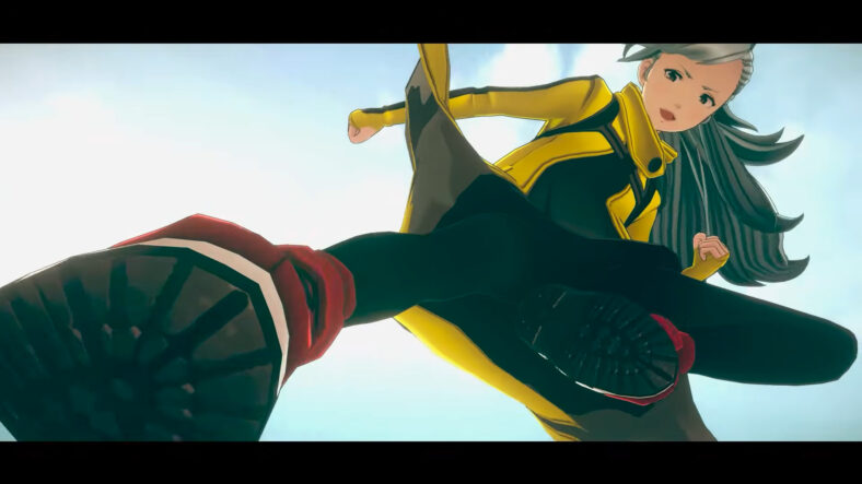 Mizuki (Tomoyo Kurosawa) surprises her father Kaname (Tarusuke Shingaki) with  a Rider Kick in No Sleep For Kaname Date - From AI: The Somnium Files (2025), Spike Chunsoft