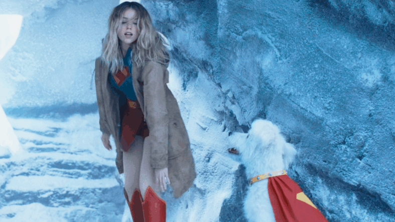 Supergirl (Milly Alcock) and Krypto take their leave from the Fortress of Solitude in Superman (2025), DC Studios 