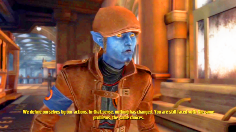 Nightcrawler (Yuri Lowenthal) has some advice for Adrian Luca (Scott Porter) in X-Men: Destiny (2011), Activision