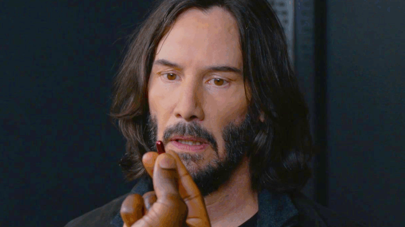 Morpheus (Yahya Abdul-Mateen II) offers Neo (Keanu Reeves) a familiar choice in The Matrix Resurrections (2021), Warner Bros. Pictures