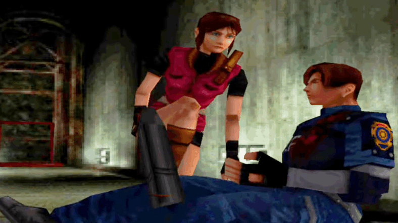 Claire Redfield (Alyson Court) comes across a wounded Leon Kennedy (Paul Haddad) in Resident Evil 2 (1998), Capcom