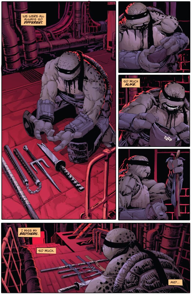 The Turtles' last surviving brother struggles to fight on in Teenage Mutant Ninja Turtles: The Last Ronin Vol. 1 #1 Wish for Death" (2020), IDW Comics. Words by Kevin Eastman, Peter Laird, and Tom Waltz, art by Esau Escorza, Isaac Escorza, Luis Antonio Delgado, and Samuel Plata.