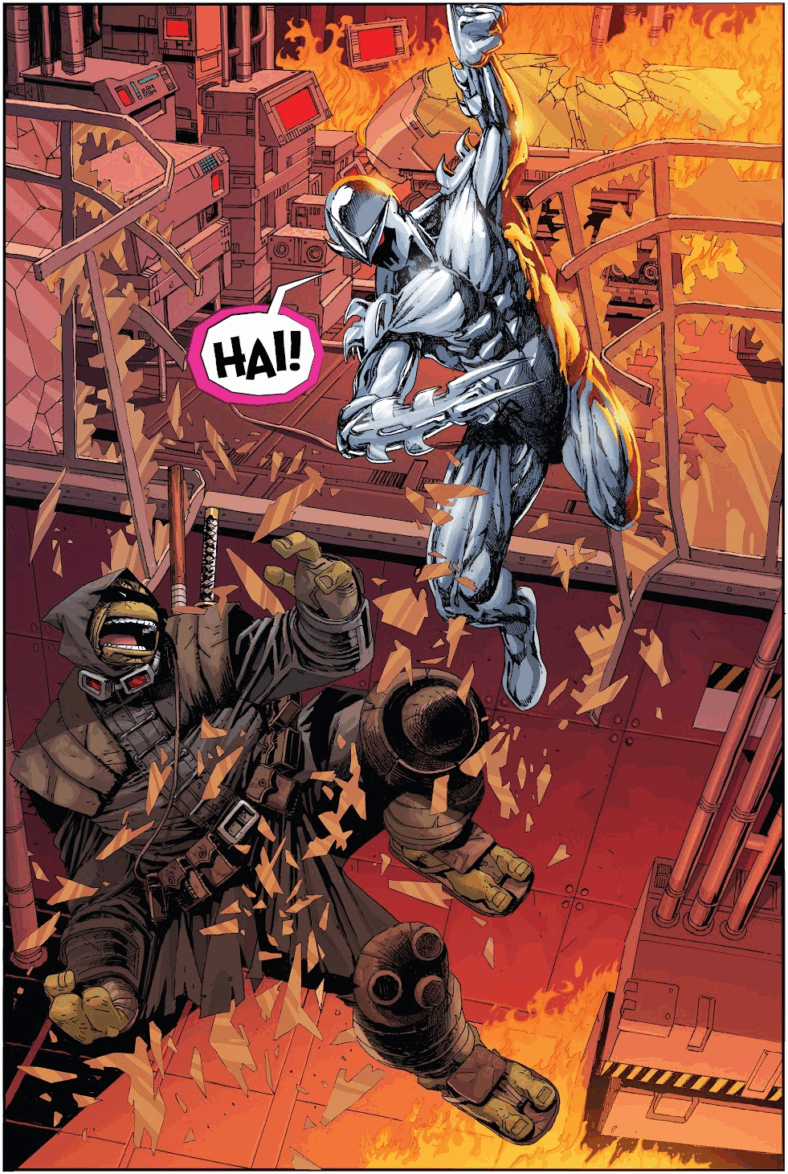 The Orokou and Hamato clans begin their final battle in Teenage Mutant Ninja Turtles: The Last Ronin Vol. 1 #5 The Last Ronin" (2022), IDW Comics. Words by Kevin Eastman, Peter Laird, and Tom Waltz, art by Esau Escorza, Isaac Escorza, Luis Antonio Delgado, and Ronda Pattinson.