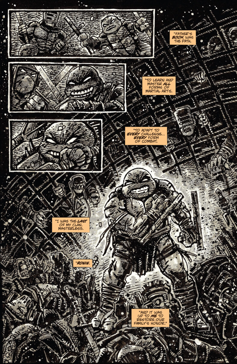 Michelangelo tells April about the path that led him to being the last surviving Turtle in Teenage Mutant Ninja Turtles: The Last Ronin Vol. 1 #1 Wish for Death" (2020), IDW Comics. Words by Kevin Eastman, Peter Laird, and Tom Waltz, art by Esau Escorza, Isaac Escorza, Luis Antonio Delgado, and Samuel Plata.
