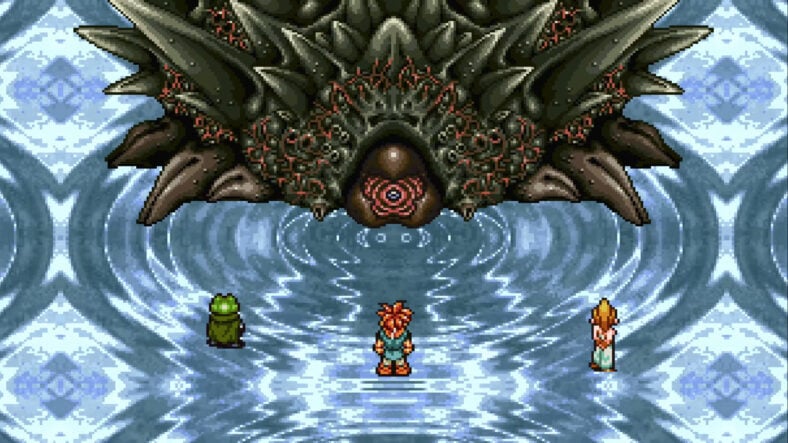 Chrono, Frog, and Marle watch on as Lavos begins to evolve in Chrono Trigger (1995), Square