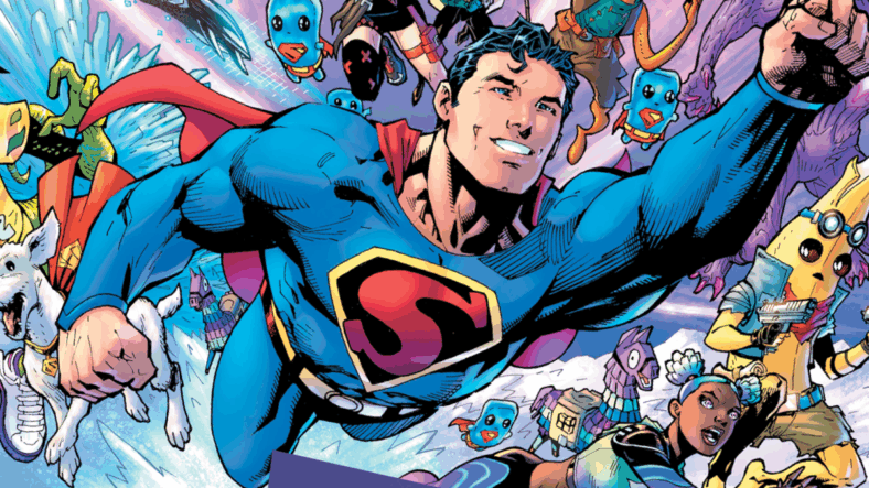 Superman leads the Supernova Academy into battle in Fortnite (2017), Epic Games. Art by Jim Lee and Alex Sinclair.