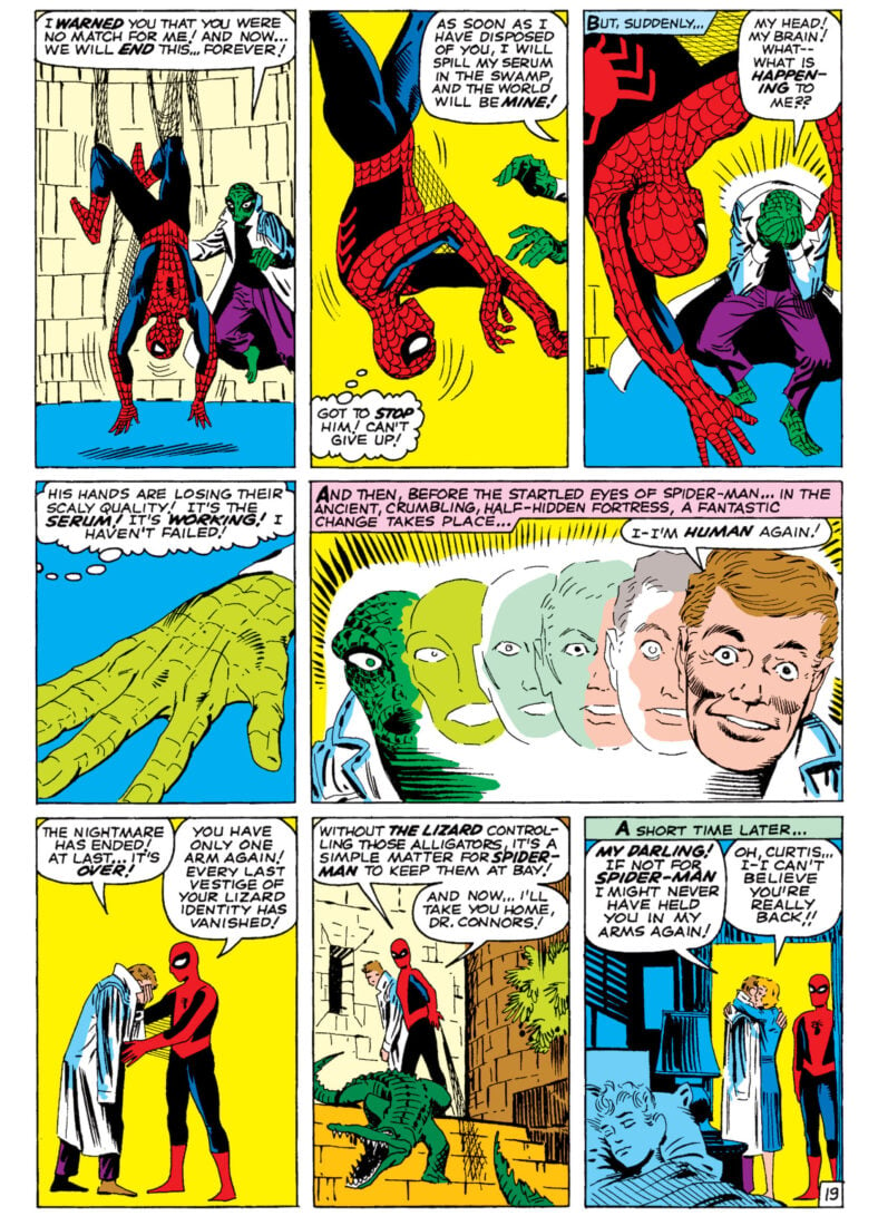 The Lizard's rampage comes to a sudden end as Dr. Connors regains control of his body in Amazing Spider-Man Vol. 1 #6 "Face-to-Face with... the Lizard!" (1963), Marvel Comics. Words by Stan Lee and Steve Ditko, art by Steve Ditko and Art Simek.