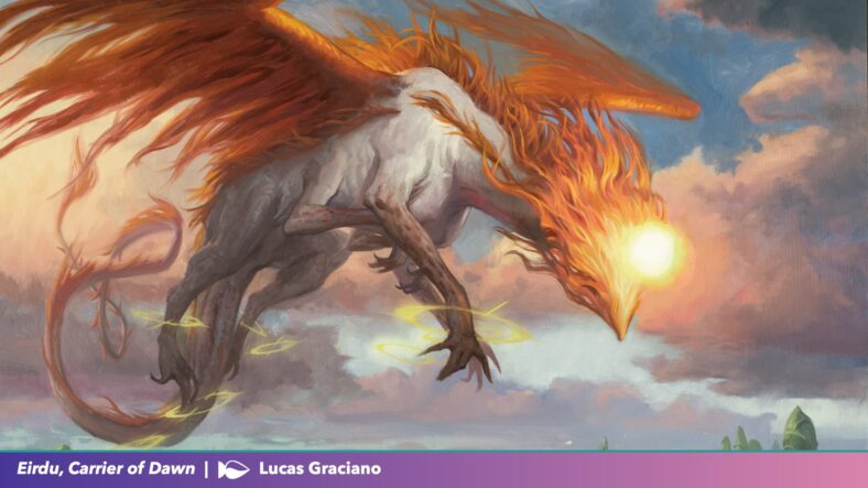 The Sun shines down upon Lorwyn via Eirdu, Carrier of Dawn (Card #TBA), Magic: The Gathering - Lorwyn Eclipsed (2026), Wizards of the Coast. Art by Lucas Graciano.