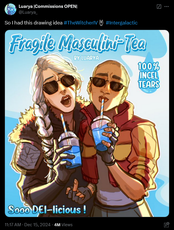 Artist Luarya shares a piece of fan art depicting 'The Witcher 4' lead Ciri and 'Intergalactic: The Heretic Prophet' lead Jordan drinking "incel tears".