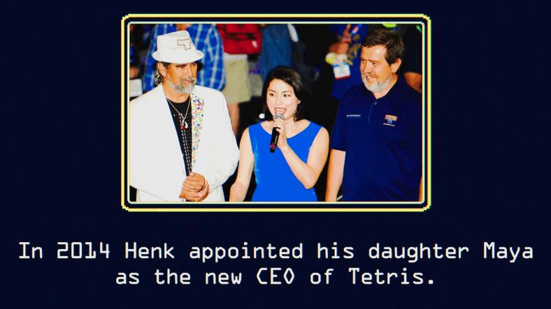 Henk Rogers and Alexey Pajitnov oversee Maya Rogers' appointment to The Tetris Company CEO in Tetris (2023), Apple