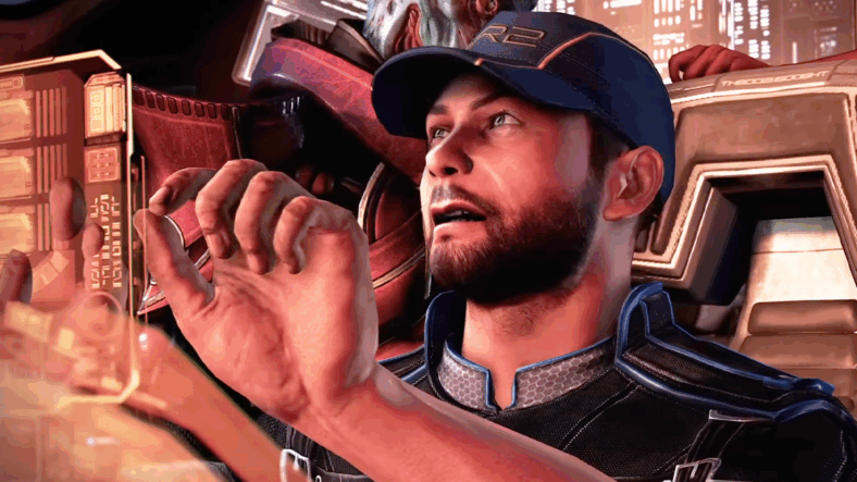 Joker (Seth Green) prepares to make an emergency hyperspace jump away from the Reapers in Mass Effect 3 (2012), BioWare