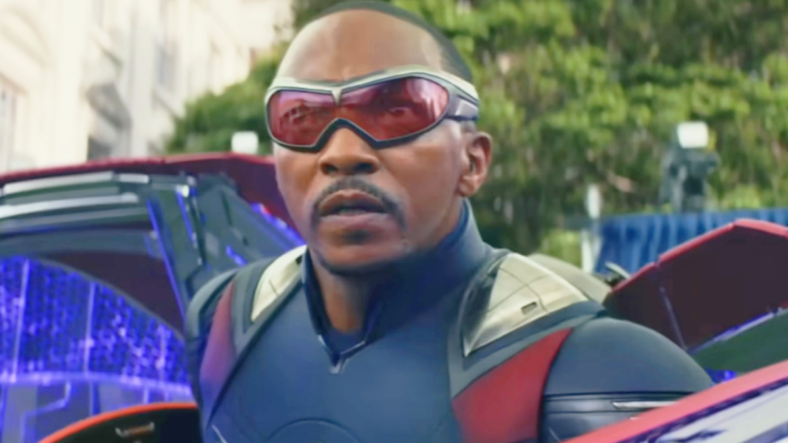 Sam Wilson (Anthony Mackie) activates his Vibranium wings in preparation for a fight against the Red Hulk (Harrison Ford) in Captain America: Brave New World (2025), Marvel Entertainment