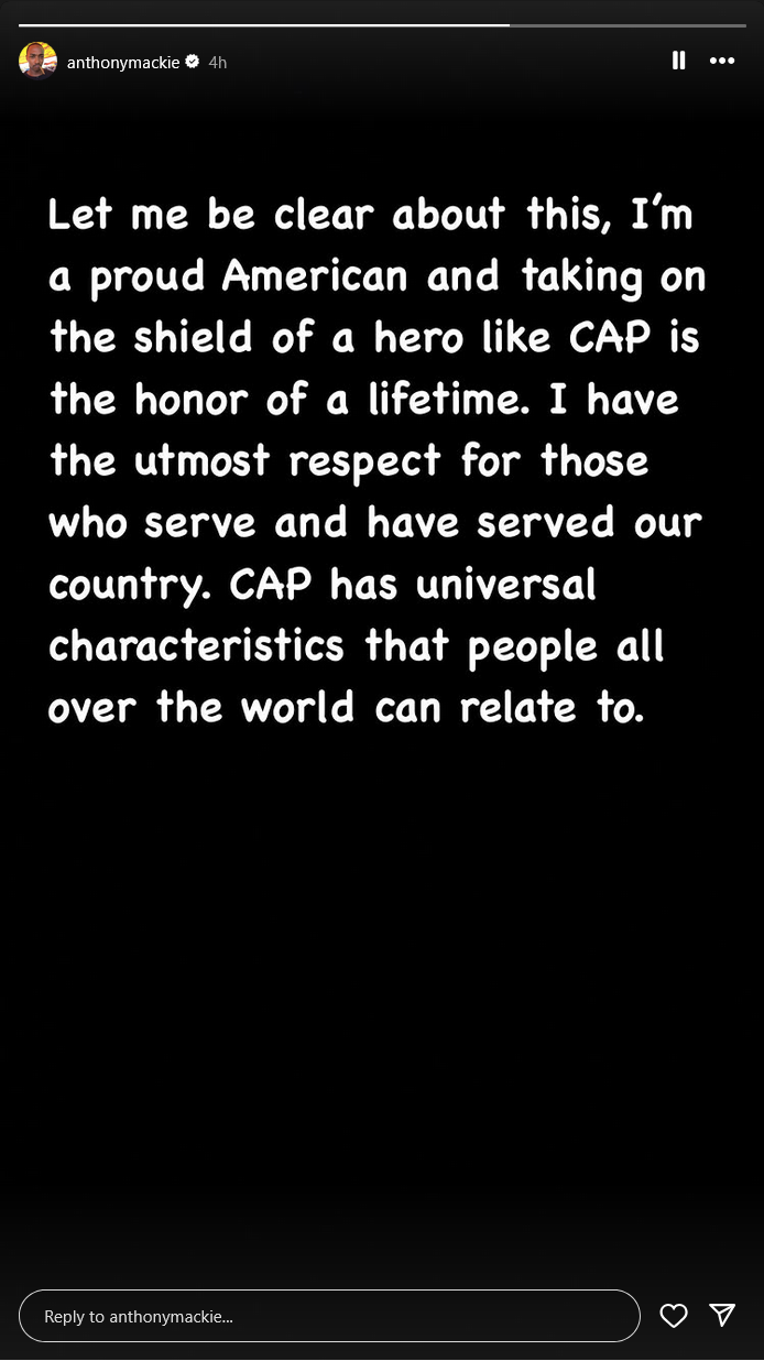 'Captain America: Brave New World' star Anthony Mackie shares a clarification regarding his criticism of Captain America's symbology.