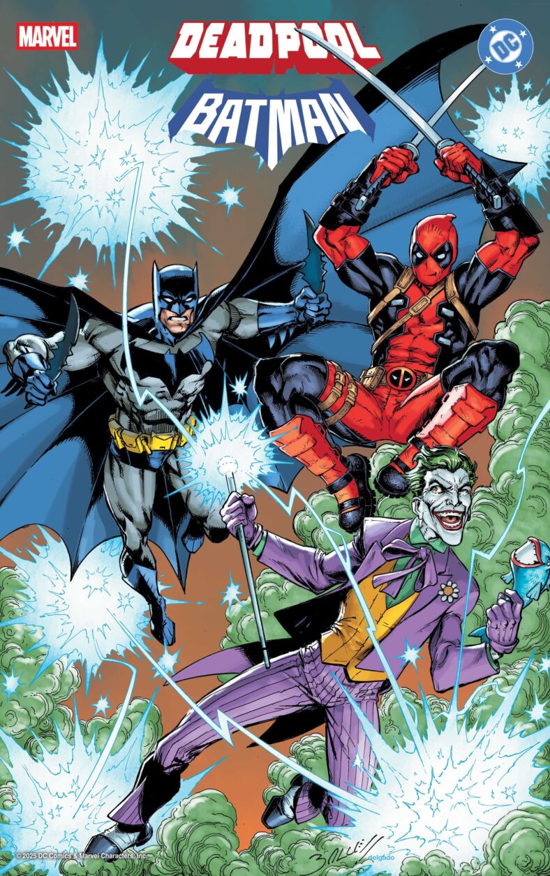 The Dark Knight and The Merch With A Mouth team-up to take down The Joker on Mark Bagley's foil variant cover to Deadpool/Batman Vol. 1 #1 (2025), Marvel Comics/DC