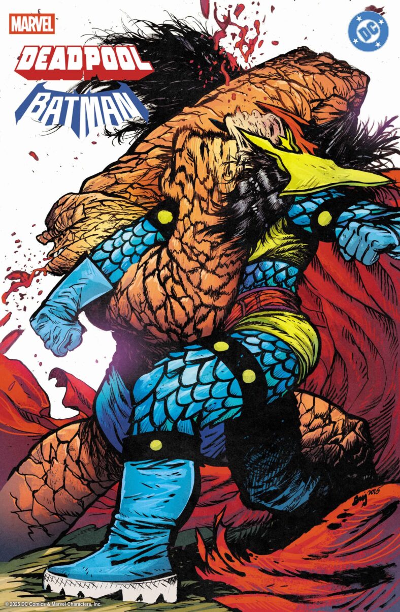 The Thing and Big Barda duke it out on Daniel Warren Johnson's variant cover to Batman/Deadpool Vol. 1 #1 (2025), DC/Marvel Comics