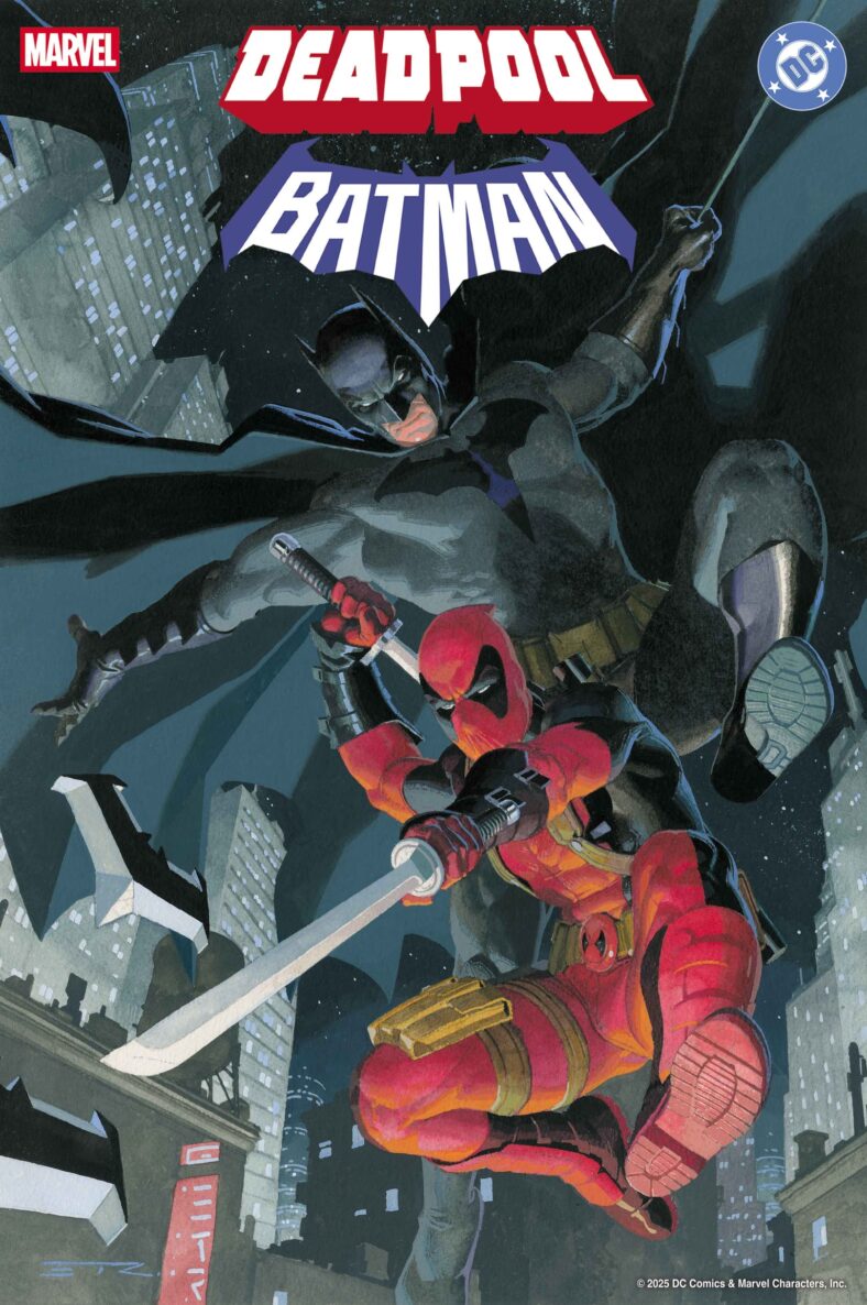 The Caped Crusader and The Crimson Comedian descend upon Gotham on Esad Ribić's variant cover to Deadpool/Batman Vol. 1 #1 (2025), Marvel Comics/DC