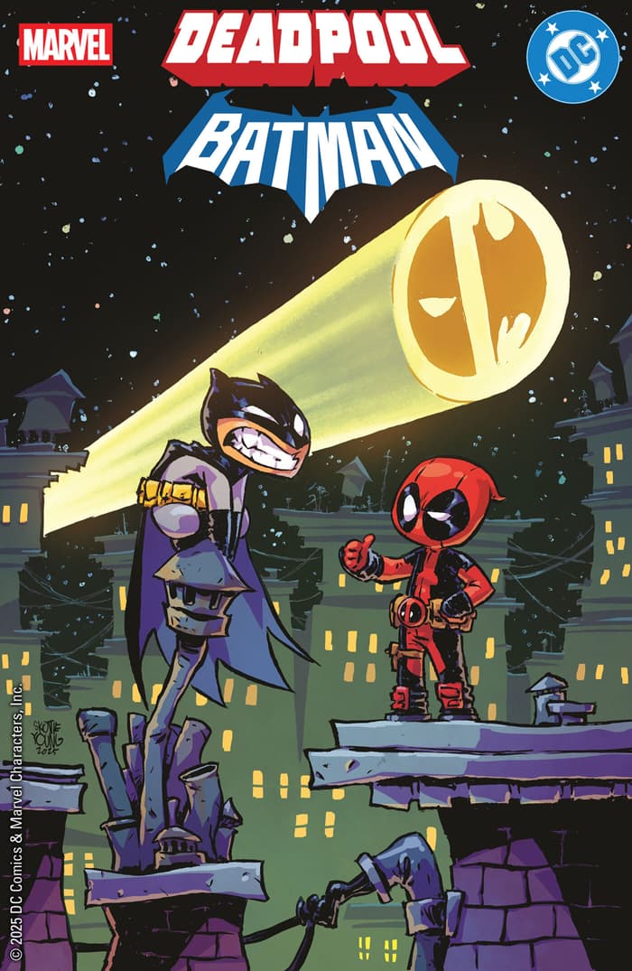 The Caped Crusader is not a fan of The Crimson Comedian's Bat-Signal refresh on Skottie Young's variant cover to Deadpool/Batman Vol. 1 #1 (2025), Marvel Comics/DC