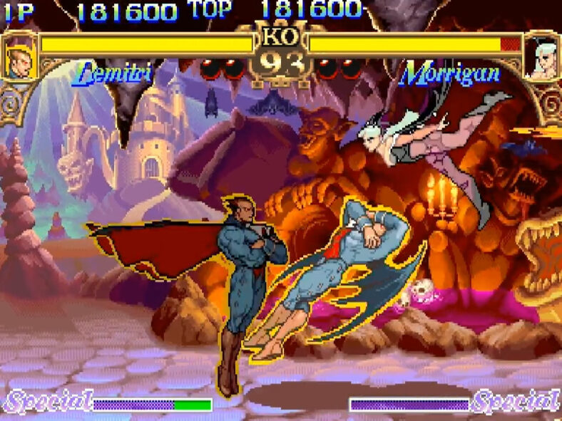 Demitri (Nobuyuki Hiyama) hits Morrigan (Yayoi Jinguji) with the dash cancel variant of his Demon Cradle attack in Vampire: The Night Warriors [Eng. Darkstalkers: The Night Warriors] (1994), Capcom