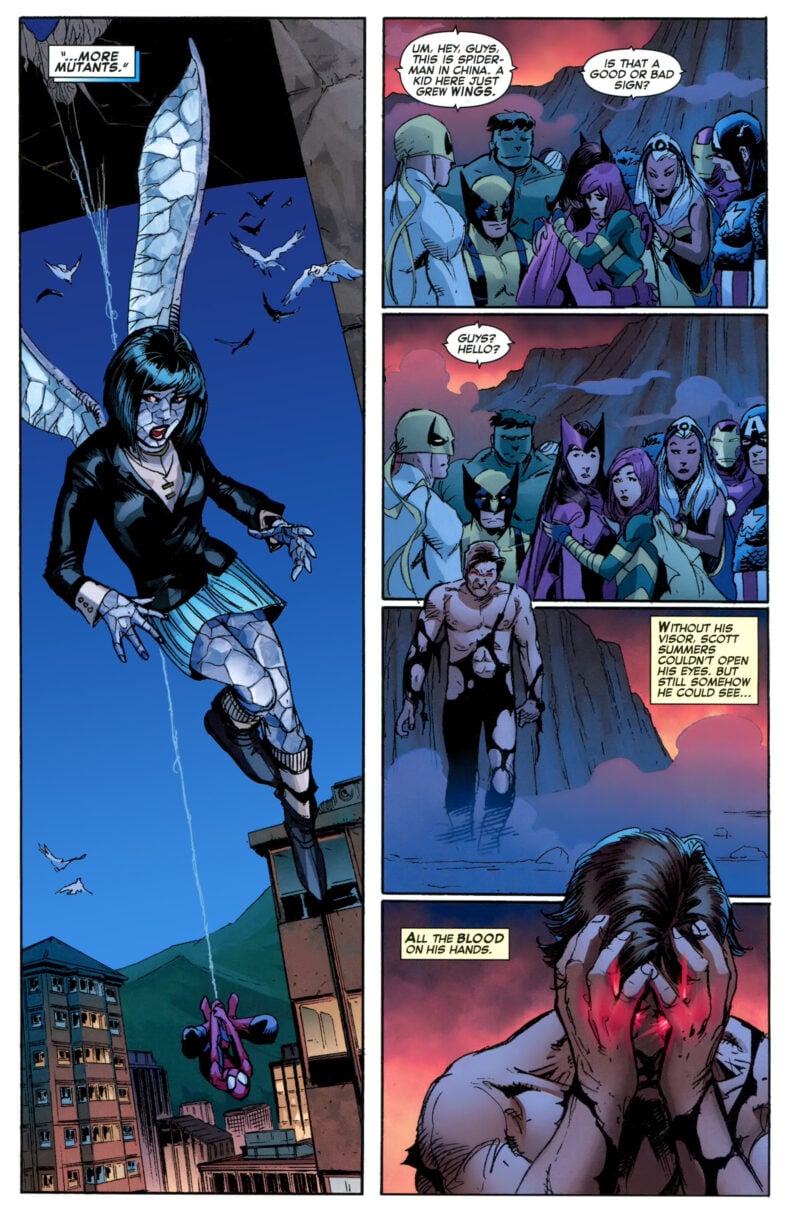 Cyclops' dispersal of the Phoenix unlocks Jia Jing's latent X-gene in Avengers Vs. X-Men Vol. 1 #12 "Part 12" (2012), Marvel Comics. Words by Jason Aaron, art by Adam Kubert, John Dell, Laura Martin, and Chris Eliopoulos.