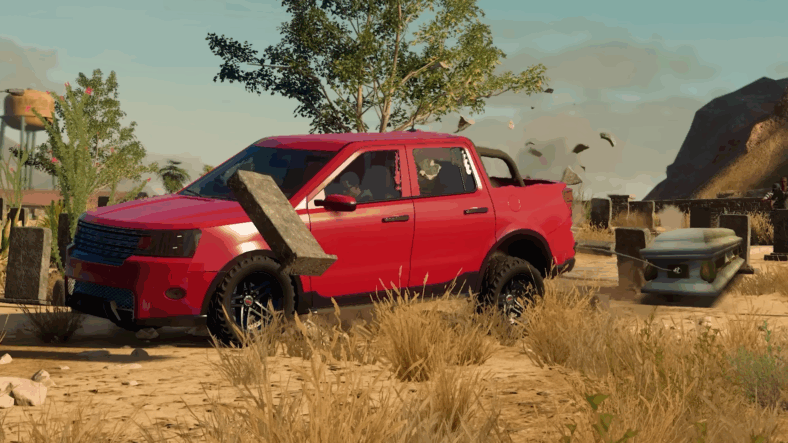 A recreation of a cut mission where the player drags a coffin by a tether in Saints Row (Unreleased Alpha Build), Deep Silver Volition