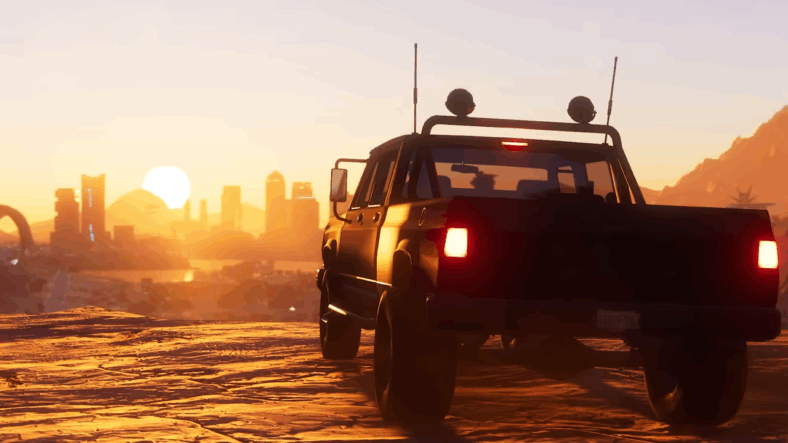 A shot of a truck and a sunset from the vertical slice in Saints Row (Unreleased Alpha Build), Deep Silver Volition