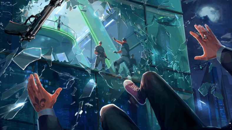 Concept art of the boss being thrown out of a window of the Marshall's office in Saints Row (Unreleased Alpha Build), Deep Silver Volition