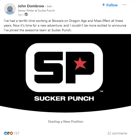 BioWare writer John Dombrow announces her departure for Sucker Punch Productions.