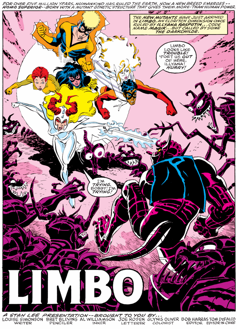 The team is shocked to find the residents of Limbo infected with the Techno-Organic virus in New Mutants Vol. 1 #71 "Limbo" (1988), Marvel Comics. Words by Louise Simonson, art by Bret Blevins, Al Williamson, Glynis Oliver, and Joe Rosen.