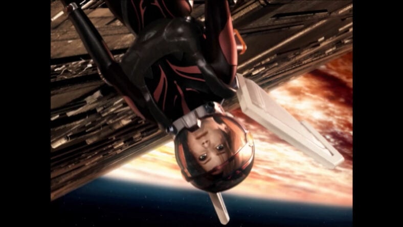 Sonya (Vanessa Marshall) performs a space walk to inspect the hull of the Ozymandias in Dino Crisis 3 (2003), Capcom