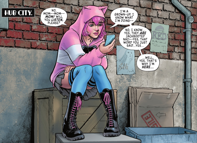 Featherweight receives a pre-protest chewing out from her mother Nyssa al Ghul in Cheetah and Cheshire Rob the Justice League Vol. 1 #3 (2025), DC. Words by Greg Rucka, art by Nicola Scott, Annette Kwok, and Troy Peteri.