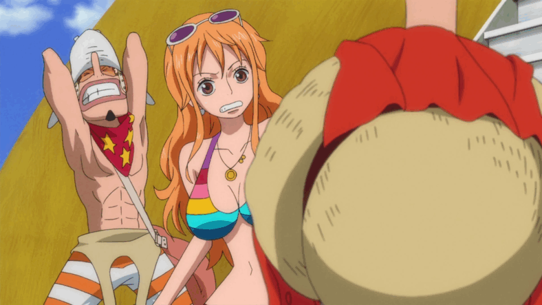 Usopp (Kappei Yamaguchi) and Nami (Akemi Okamura) are fed up with Luffy's (Mayumi Tanaka) recklessness in One Piece Film: Z (2012), Toei Animation