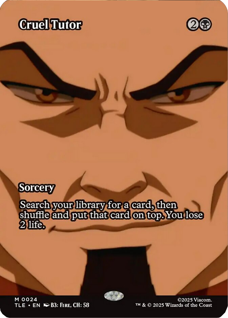 Fire Lord Ozai (Mark Hamill) smiles as everything goes according to keikaku via Cruel Tutor (#024), Mystic Remora (Card #016), Magic: The Gathering - Avatar: The Last Airbender Eternal (2025), Wizards of the Coast. Art by Viacom.