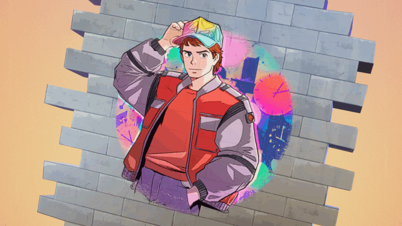 The AI generated 'Lookin' McFly' emoji, as featured in the Chapter 7 Battle Pass for Fortnite (2017), Epic Games