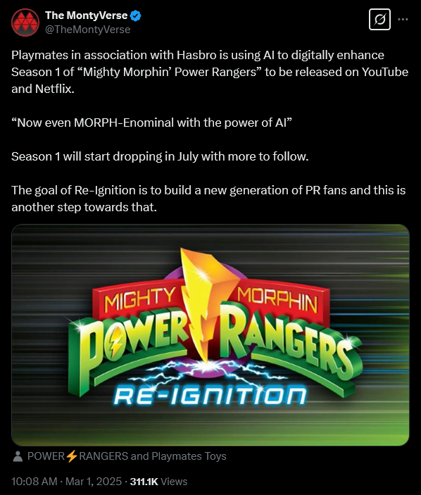 YouTuber The MontyVerse reveals information about Hasbro and Playmates' upcoming 'Mighty Morphin' Power Rangers Re-Ignition' line.