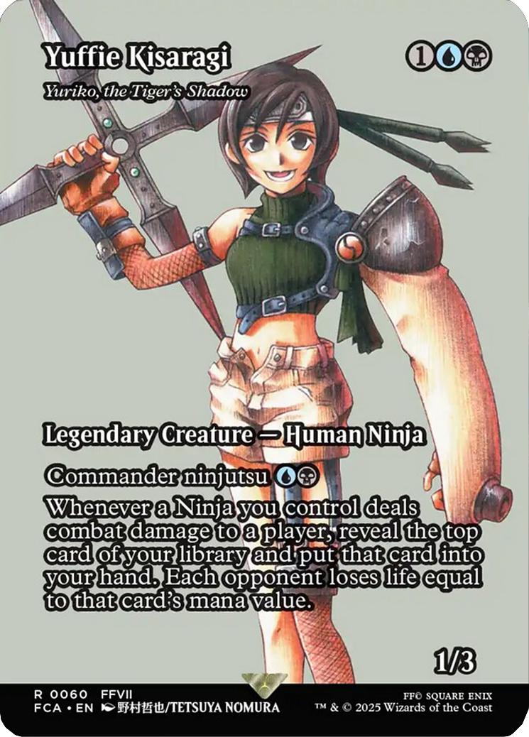 The White Rose of Wutai is ready to join the fight against Shinra via Yuffie Kisuragi (Card #060), Magic: The Gathering - Final Fantasy (2025), Wizards of the Coast. Art by Tetsuya Nomura.