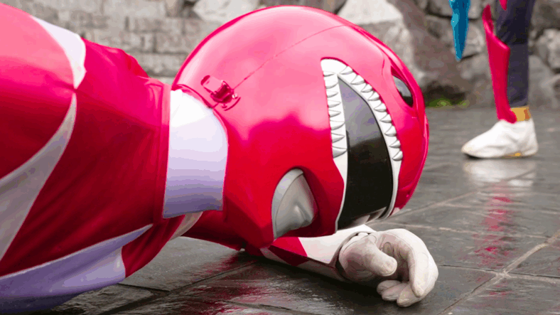 Universe Warrior Tyranno Ranger (Naoya Iguchi) is slain by a surprise attack from Ring Hunter Garyudo (Karuma) in No.1 Sentai Gozyuger Episode 7 "Get Excited! Come Together, Gozyugers!" (2025), Toei Co. Ltd.