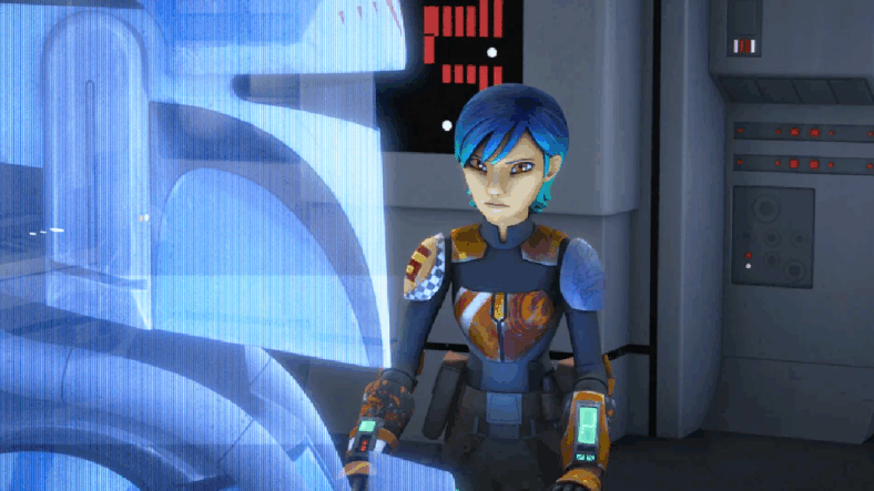 Sabine (Tiya Sircar) steels herself for a reunion with her fellow Mandalorians in Star Wars Rebels Season 2 Episode 13 "The Protector of Concord Dawn" (2016), Disney