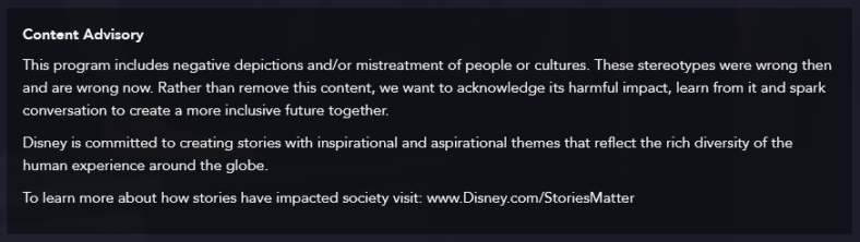 Disney Plus' now-former content warning, as removed on February 11th