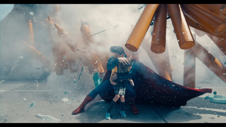 Superman (David Corenswet) saves a young girl from certain death in Superman (2025), DC Studios