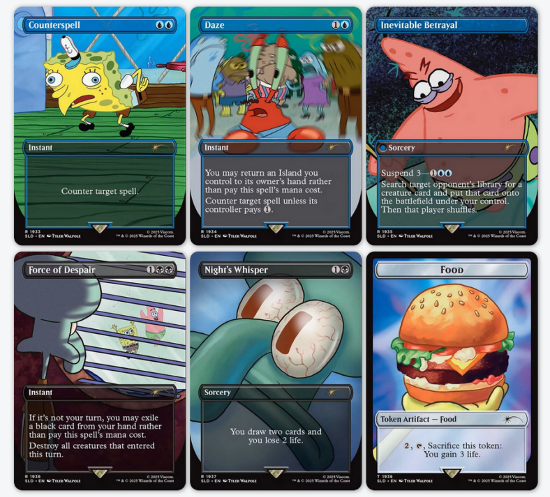 The cards included in Magic: The Gathering's 'SpongeBob SquarePants: Internet Sensation' Secret Lair Drop release (2025), Wizards of the Coast