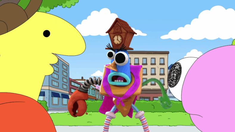 Silly Samuel (Conner O'Malley) is fed up with Pim (Michael Cusack) and Charlie's (Zach Hadel) inability to cheer him up in Smiling Friends Season 3 Episode 1 "Silly Samuel" (2025), Adult Swim