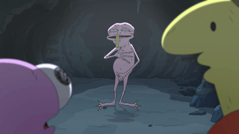 Mole Man (David Firth) introduces himself to Pim (Michael Cusack) and Charlie (Zach Hadel) in Smiling Friends Season 3 Episode 3 "Mole Man" (2025), Adult Swim