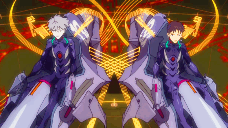 Shinji (Megumi Ogata) and Kaworu (Akira Ishida) fire up the EVA 13 ahead of an expedition into Terminal Dogma in Evangelion: 3.0 You Can (Not) Redo (2014), Studio Khara