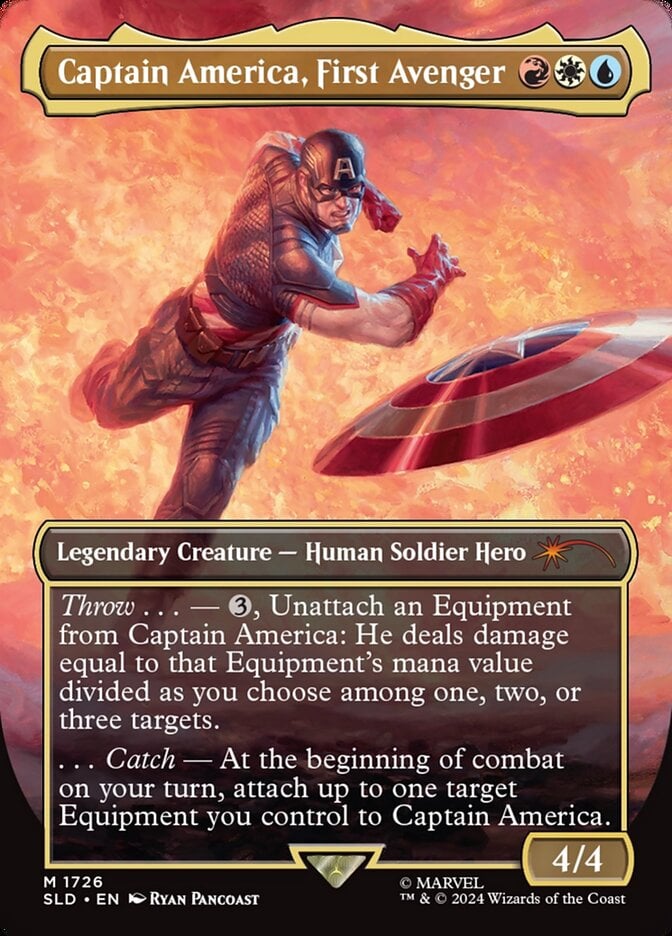 Captain America unleashes the Stars and Stripes via Magic: The Gathering - Secret Lair Drop - Marvel's Captain America (2024), Wizards of the Coast. Art by Ryan Pancoast.