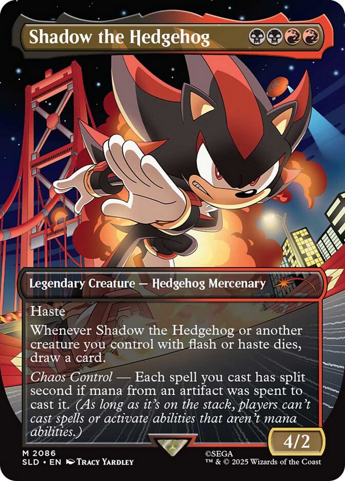 The Ultimate Lifeform evades G.U.N.'s gunships via Shadow the Hedgehog the Hedgehog (Card #2086), Magic: The Gathering - Secret Lair x Sonic: Friends & Foes (2025), Wizards of the Coast. Art by Tracey Yardley.