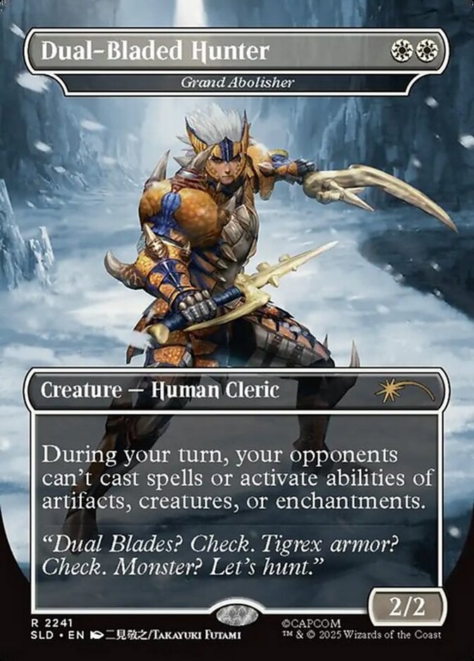 MCU-tier writing leaks into the Magic multiverse via Dual-Bladed Hunter (Card #2241, Magic: The Gathering Secret Lair Drop - Monster Hunter: The Hunters (Canceled), Wizards of the Coast. Art by Takayuki Futami.